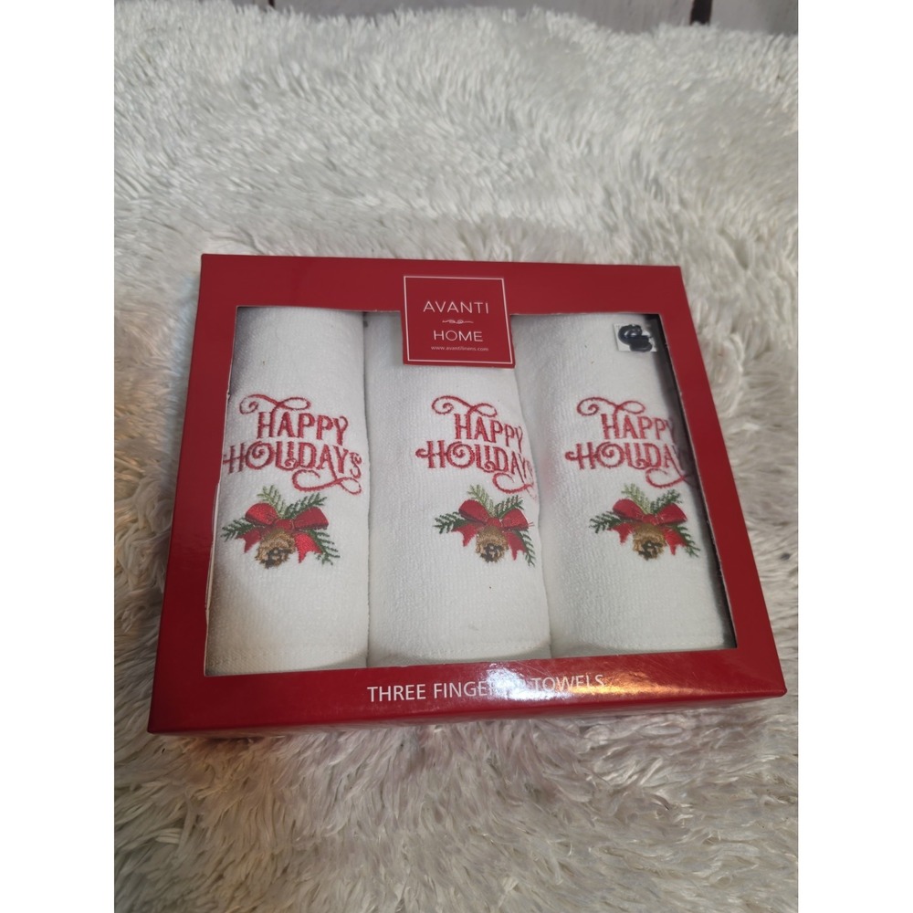 Avanti Home Happy Holidays Fingertip Towels 3 Piece Set White Red Embroidered
